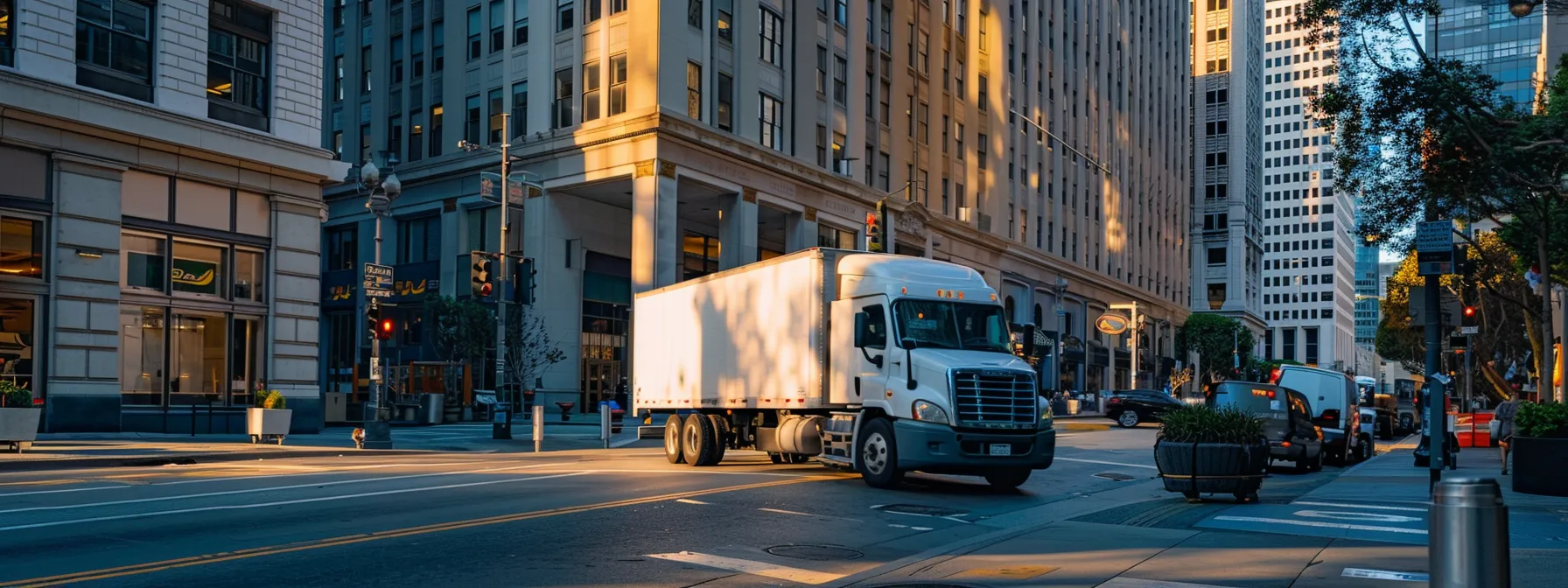 A Moving Truck Parked In Downtown San Francisco, Surrounded By Towering Office Buildings, Showcases The Bustling Urban Environment Where Specific Moving Requirements Are Being Assessed.