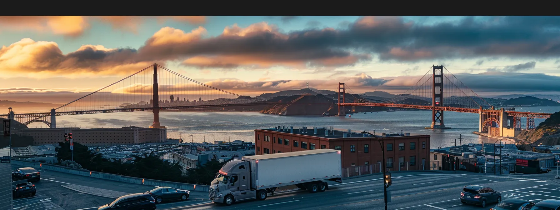 A Moving Truck Parked In Front Of The Iconic Golden Gate Bridge In San Francisco, Showcasing The Bustling Cityscape As A Backdrop.