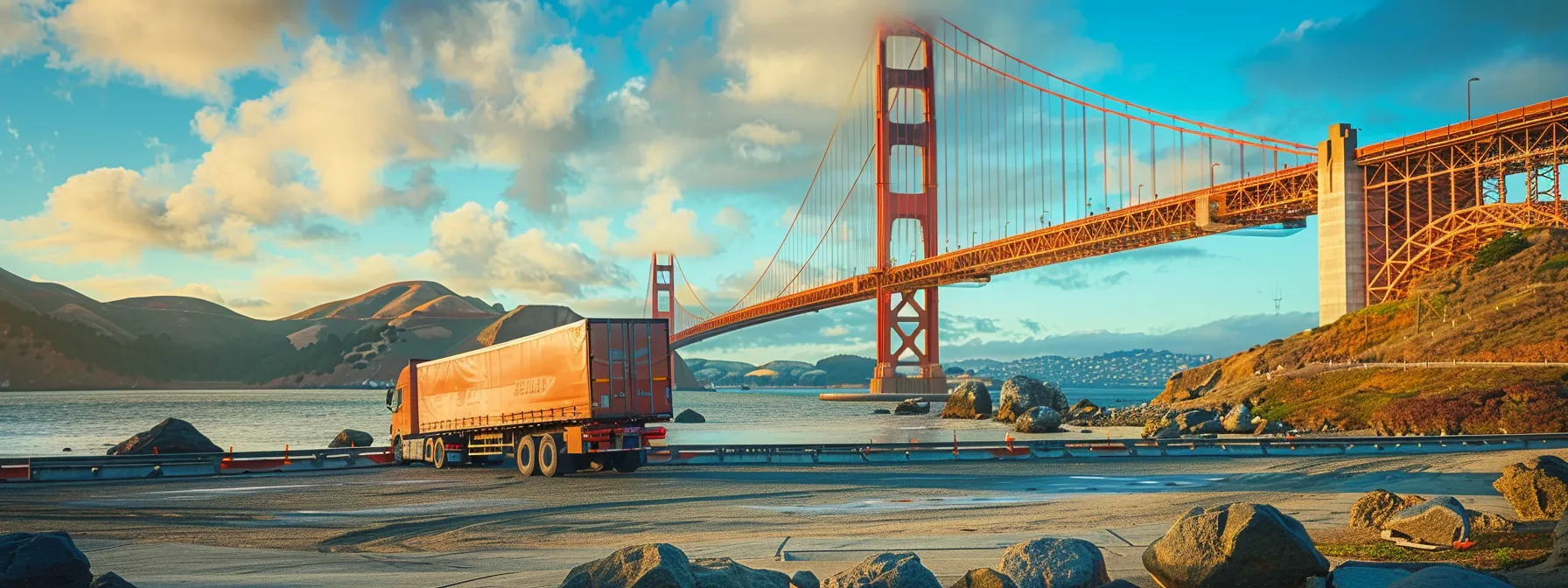 A Moving Truck Parked In Front Of The Golden Gate Bridge In San Francisco, Ready To Embark On A Cross-Country Journey To New York City.