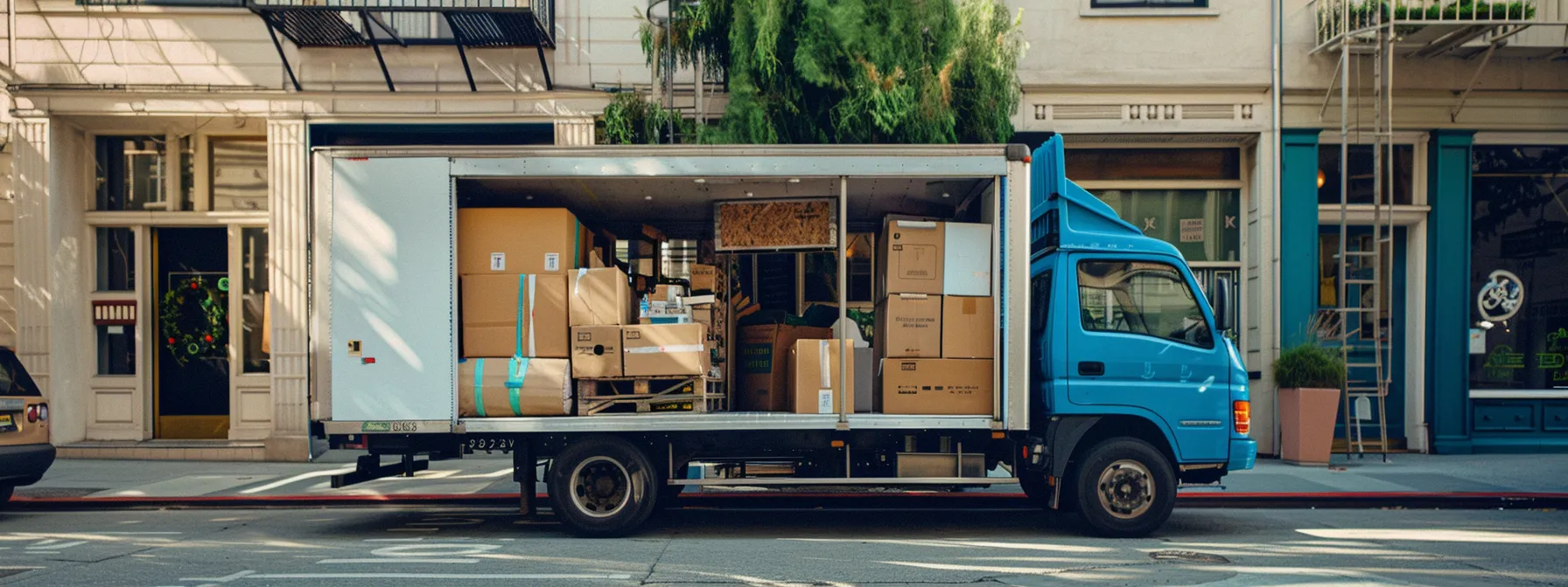 A Moving Truck Parked In Downtown San Francisco, Loaded With Carefully Packed Boxes And Furniture, Ready To Embark On A Cost-Saving Interstate Journey To New York City. Image Prompt: A Moving Truck Parked In Downtown San Francisco, Loaded With Carefully Packed Boxes And Furniture, Ready To Embark On A Cost-Saving Interstate Journey To New York City.