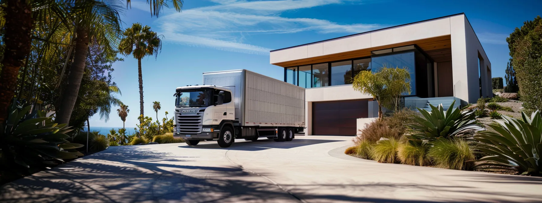 A Moving Truck Parked In Front Of A Modern House In Irvine, Ca, Showcasing Availability And Scheduling Flexibility.