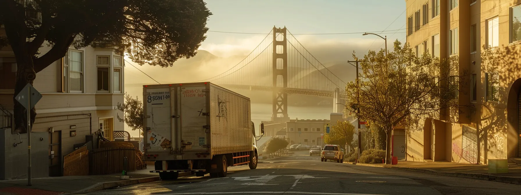 A Moving Truck Parked On A Hilly San Francisco Street, With Movers Carefully Handling Delicate Furniture Under The Iconic Fog-Covered Golden Gate Bridge In The Background.