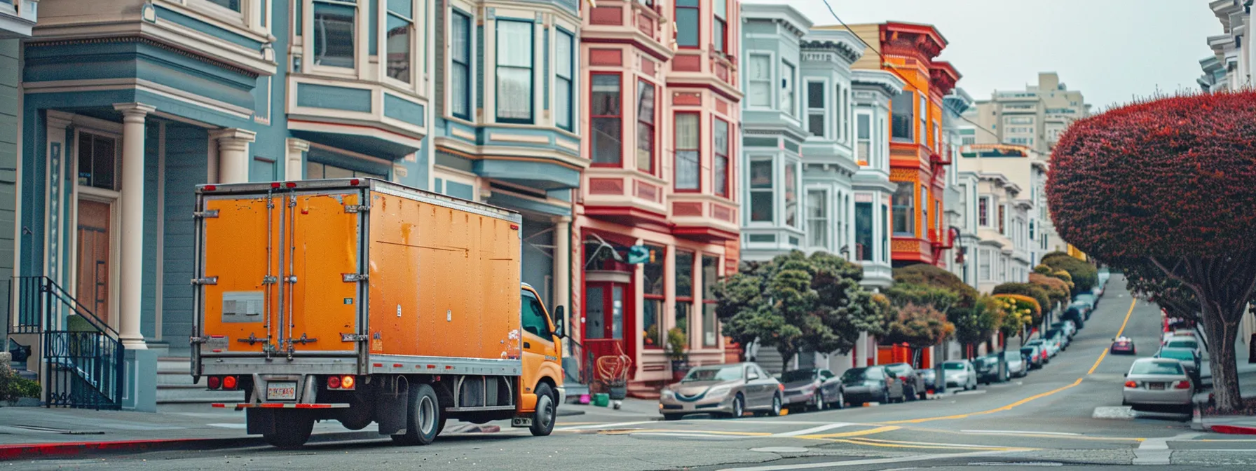 A Moving Truck Parked On A Bustling San Francisco Street, Surrounded By Colorful Victorian Houses And Bustling City Life, Showcasing The Complexities Of Navigating The City's Moving Regulations And Permits.