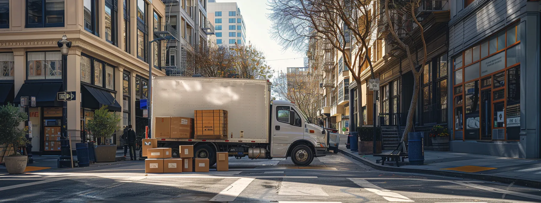 A Moving Truck Parked On A Bustling San Francisco Street, Filled With Furniture And Boxes, Symbolizing The Factors Affecting Interstate Moving Costs.