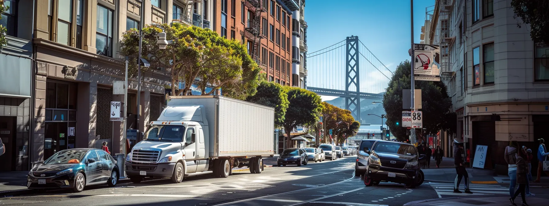 A Moving Truck Parked On A Bustling Street In Downtown San Francisco, With The Iconic Golden Gate Bridge Faintly Visible In The Background.