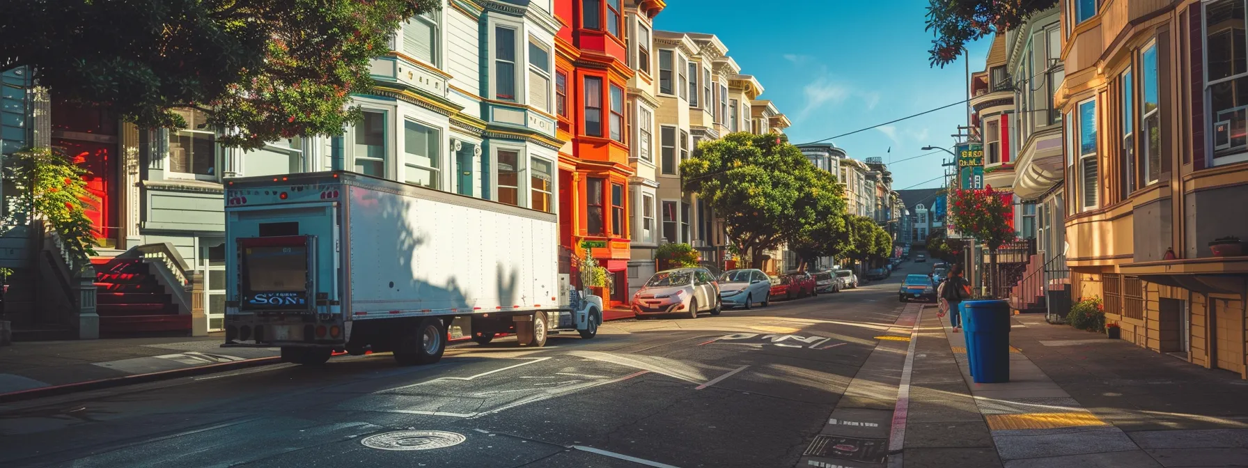 A Moving Truck Parked On A San Francisco Street, Surrounded By Colorful Victorian Houses And Bustling Cafes, With A Person Holding A Cup Of Blue Bottle Coffee In Hand.