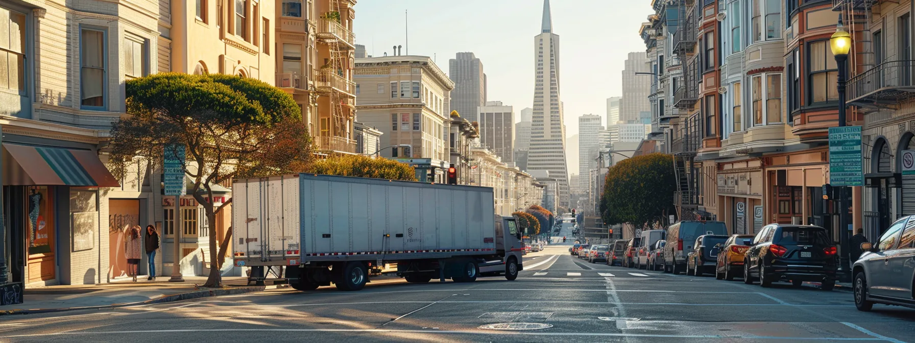 A Moving Truck Parked On A Bustling San Francisco Street With A Backdrop Of Iconic City Landmarks Visible In The Distance.