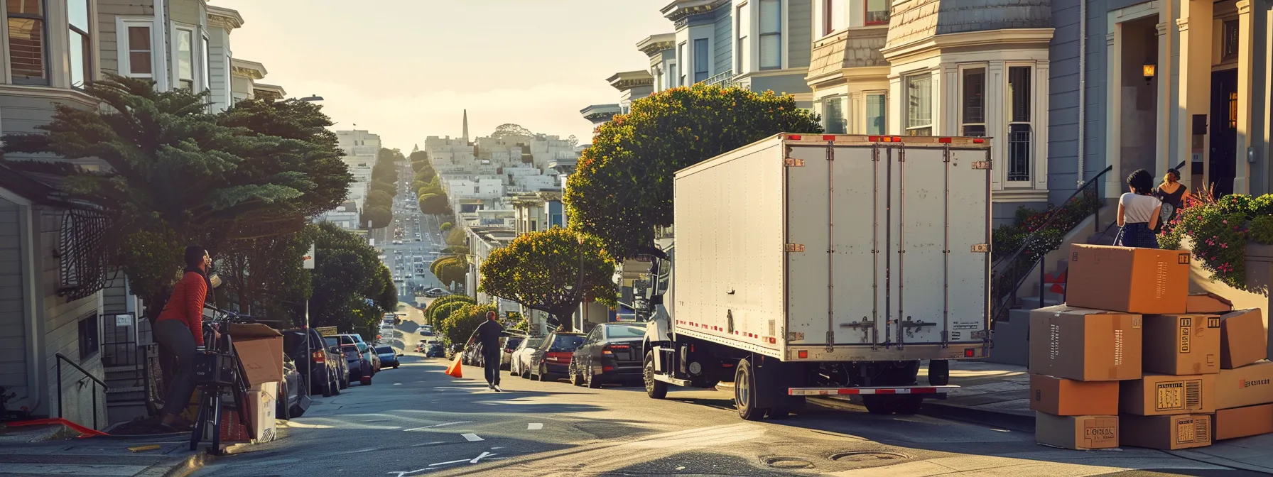 A Moving Truck Parked On A Hilly San Francisco Street, Surrounded By Moving Boxes And A Diverse Group Of Movers Loading Belongings, Capturing The Bustling Yet Organized Chaos Of Relocating From The City By The Bay.