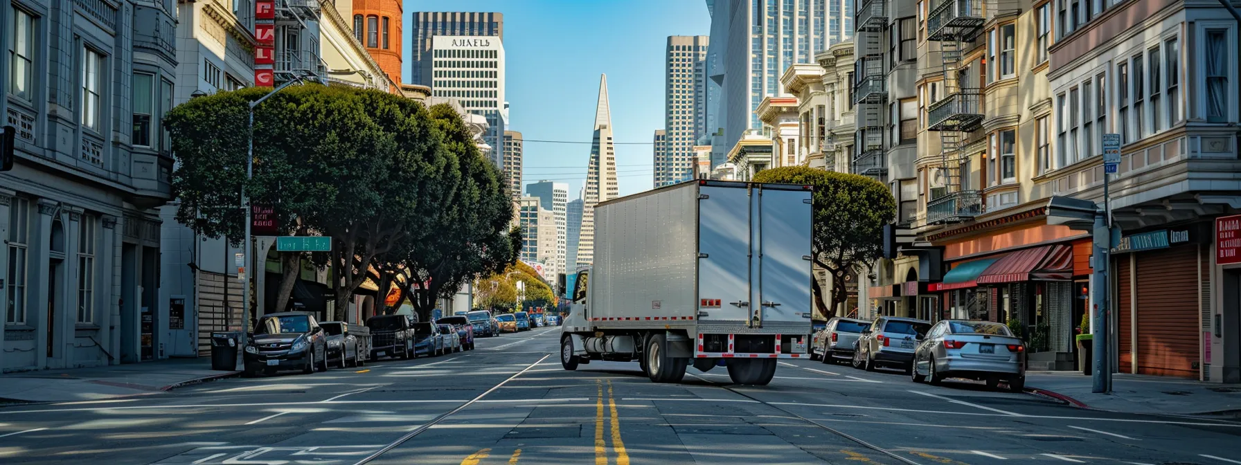 A Moving Truck Parked On A San Francisco Street, Surrounded By Vibrant City Buildings, Symbolizing Cost-Effective Moving Solutions In The Urban Setting.