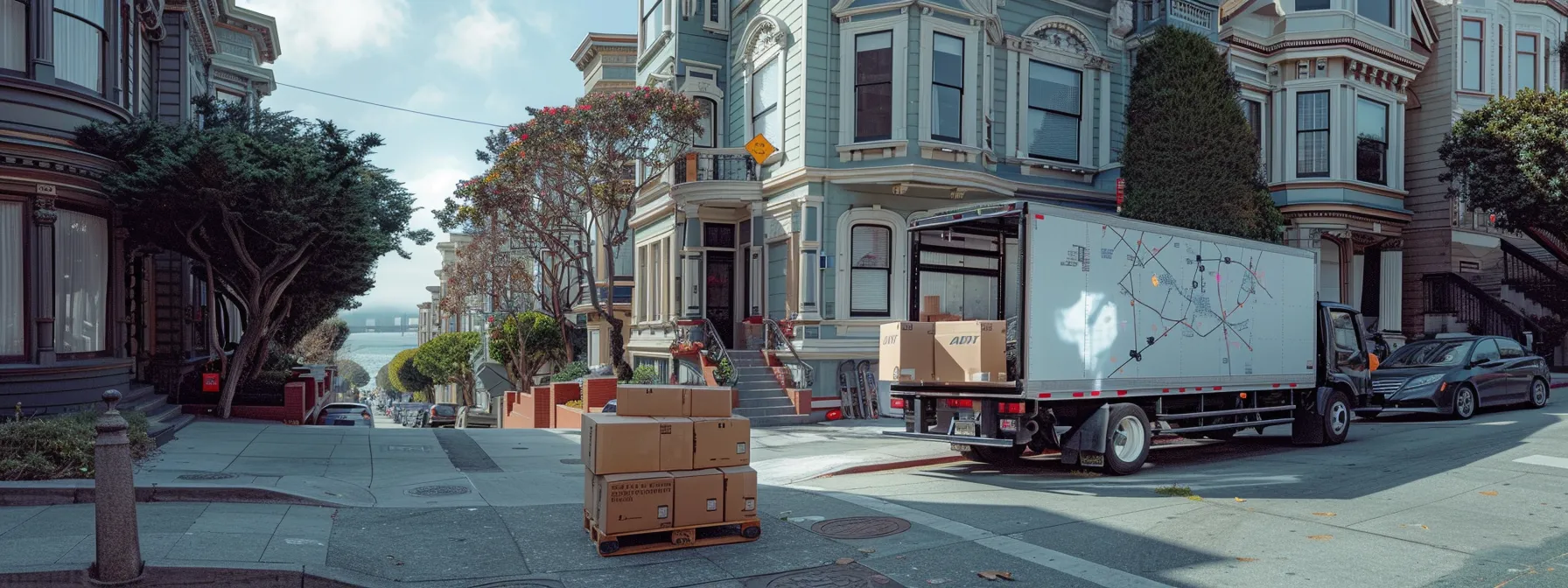 A Moving Truck Parked Outside A Victorian-Style House In San Francisco, With Boxes Neatly Stacked On The Sidewalk And A Map Of The City Spread Out On The Hood, Showcasing The Preparation For A Long Distance Move.