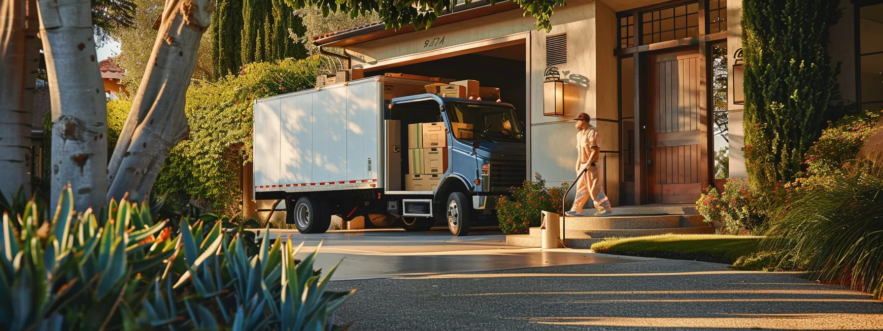 A Moving Truck Parked Outside A Home In La, With Professional Movers Carrying Boxes Inside, Showcasing The Efficiency Of Same-Day Movers In Action.