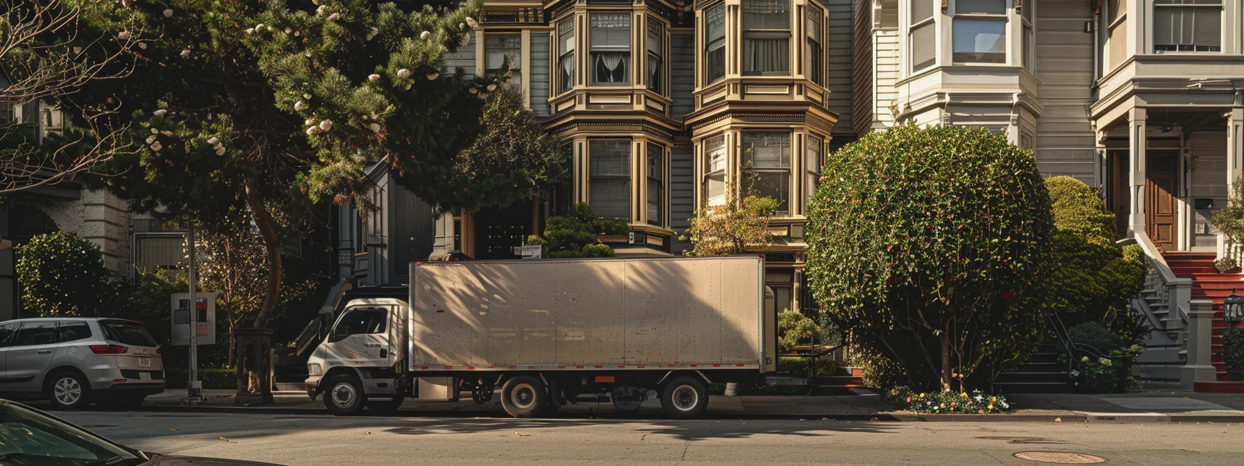 A Moving Truck Parked Outside A Victorian-Style House In San Francisco, Ready For A Cross-Country Relocation.