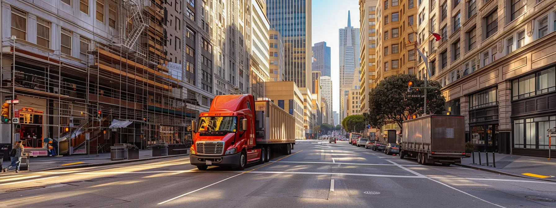 A Moving Truck Winding Its Way Through The Bustling Streets Of Downtown San Francisco, Surrounded By Towering Skyscrapers And Iconic Landmarks.