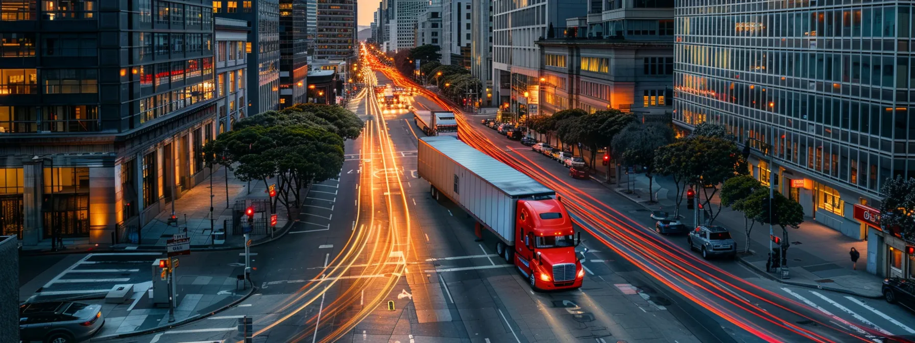 A Moving Truck Winding Its Way Through The Vibrant Streets Of Downtown San Francisco, Surrounded By Iconic Skyscrapers And Bustling City Life.