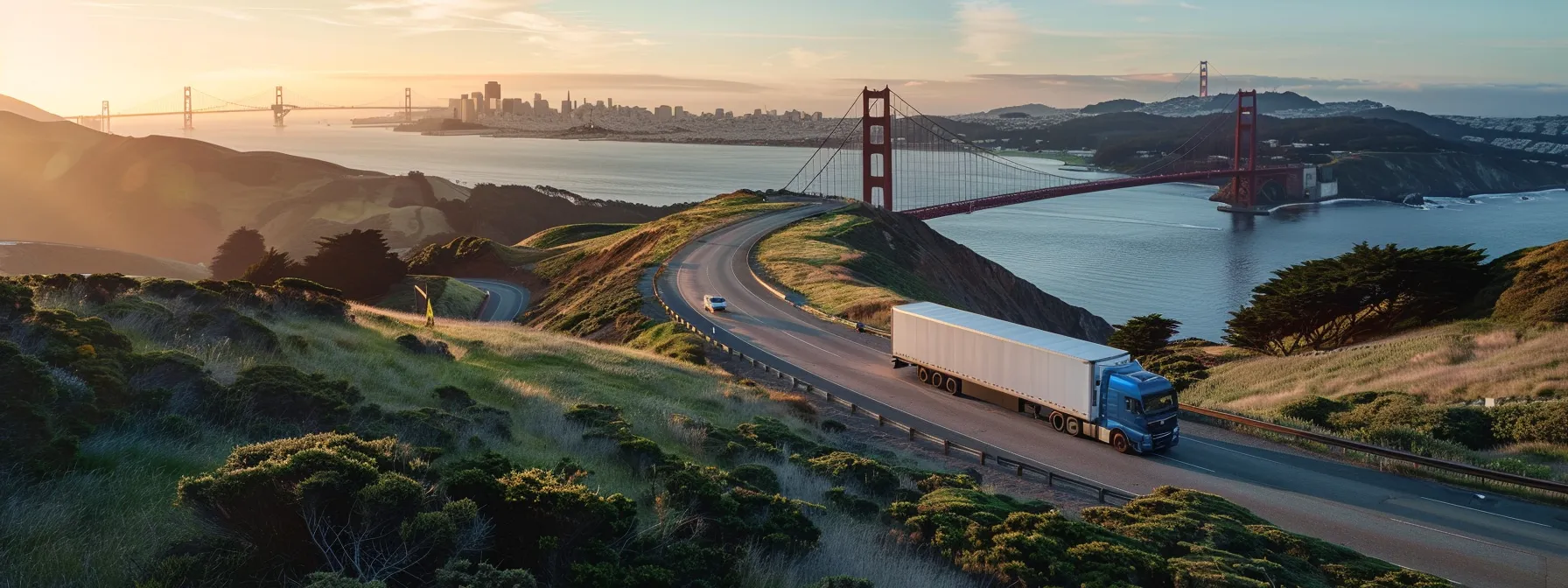 A Moving Truck Winding Through The Hills Of San Francisco With The Iconic Golden Gate Bridge In The Background.