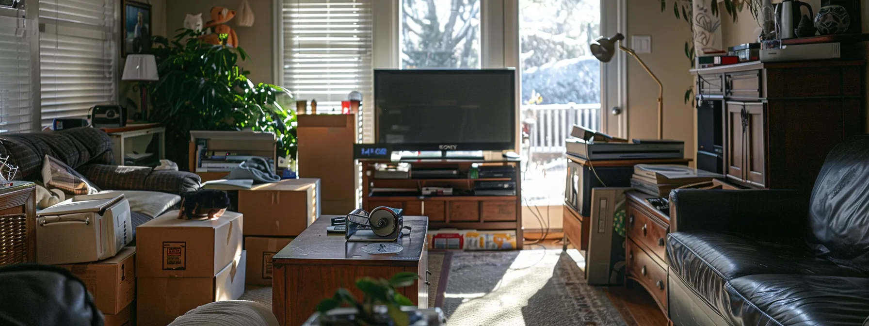 A Neatly Organized And Decluttered Living Room With Labeled Boxes Of Belongings Ready For An Interstate Move.