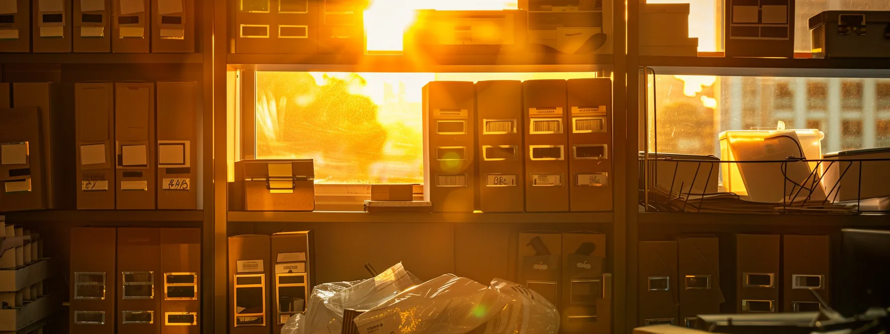 A Neatly Organized Desk With Labeled Folders, Storage Boxes, And A Donation Pile, Illuminated By The Golden Light Of A San Francisco Sunset.