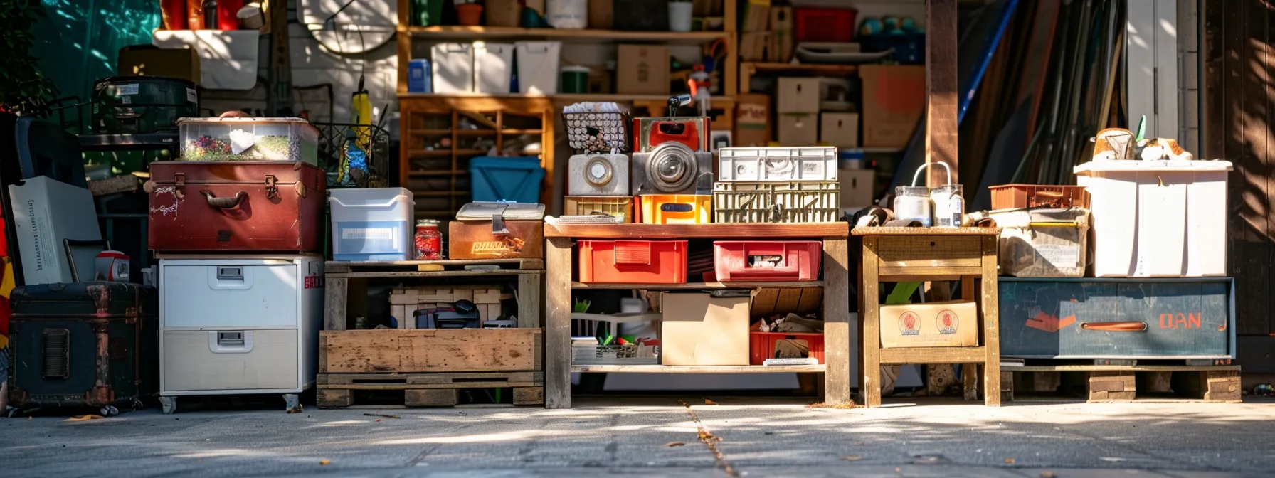 A Neatly Organized Garage Sale Setup In Downtown San Francisco Showcases A Variety Of Essential Items Ready For Decluttering.