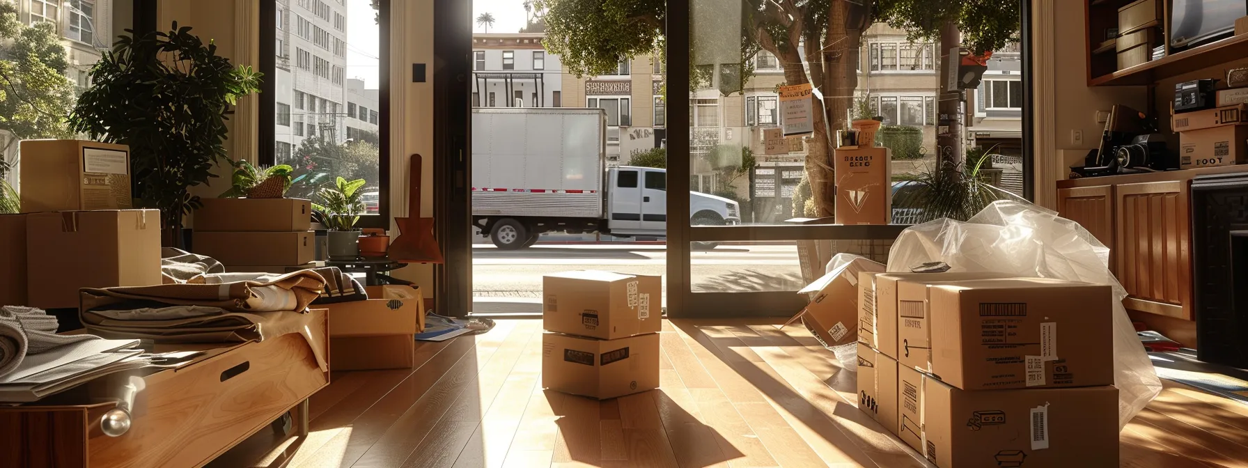 A Neatly Organized Living Room With Labeled Boxes, Bubble Wrap, And A Moving Truck Parked Outside, Ready For A Seamless Transition In The Bustling Streets Of Downtown San Francisco.