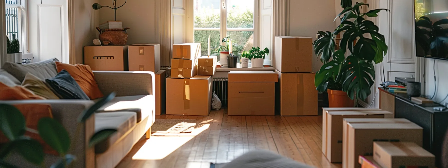 A Neatly Organized Living Room With Labeled Moving Boxes Stacked Neatly, Ready For A Successful Long-Distance Move.