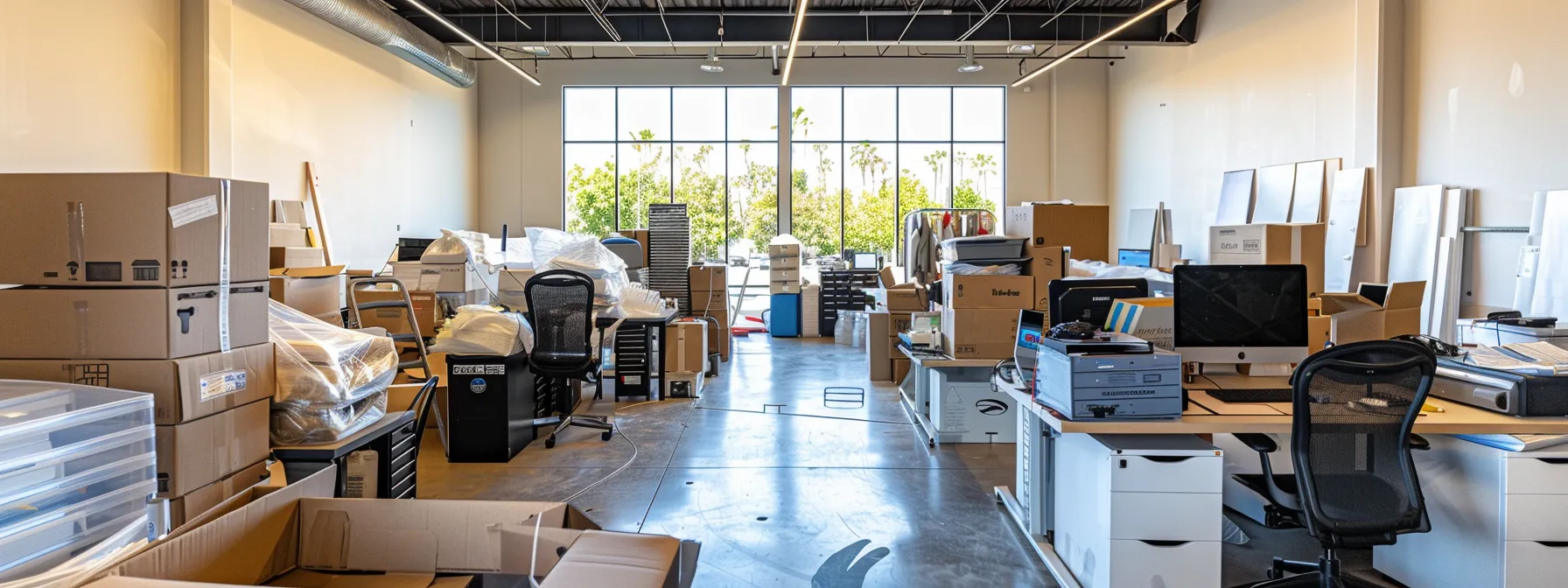 A Neatly Organized Office Space In Irvine, California, With Labeled Electronics And Dismantled Furniture Ready For A Smooth Move.