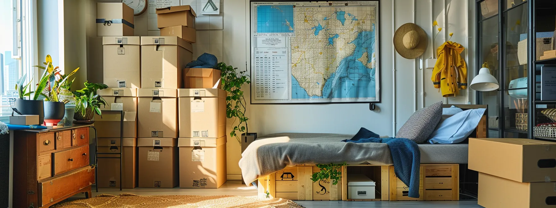 A Neatly Organized Room With Clearly Labeled Boxes, A Detailed Moving Schedule On A Wall Calendar, And A Map Of San Francisco Highlighting Downtown Area Coordinates, Showcasing A Meticulous Preparation For A Smooth Moving Experience.