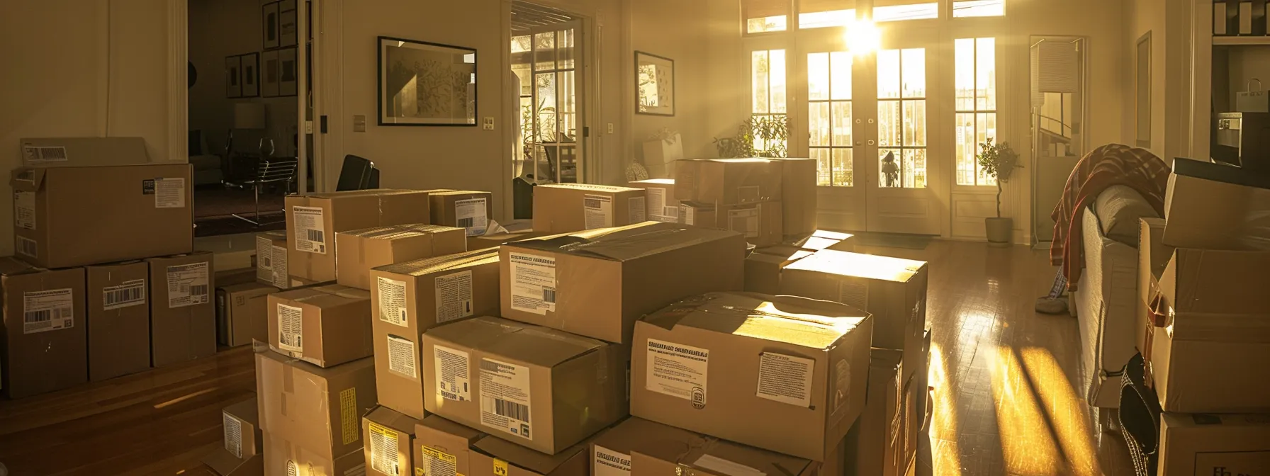 A Neatly Organized Stack Of Labeled Moving Boxes In A Bright San Francisco Apartment, Ready For An Interstate Move.