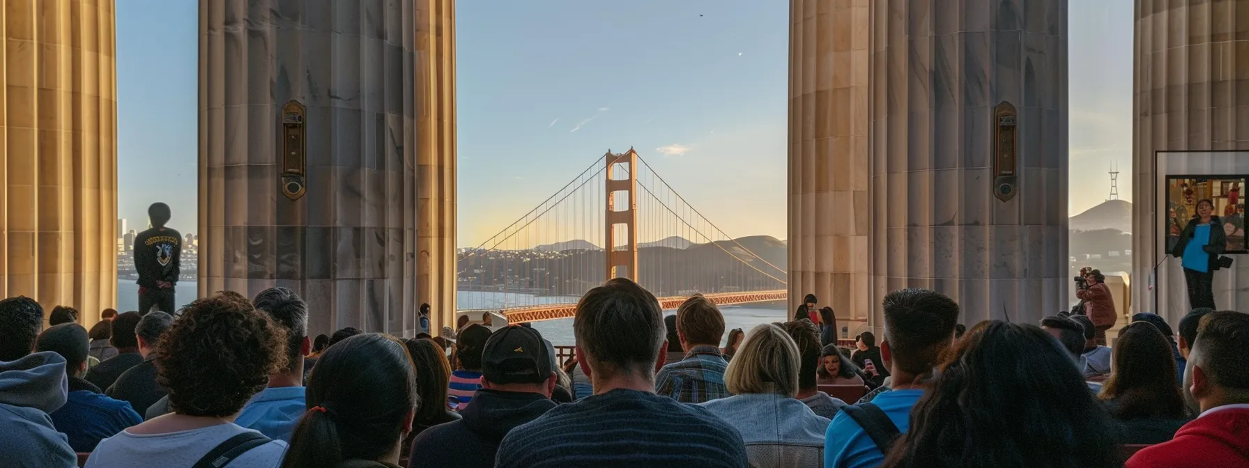 A Newcomer In San Francisco Updating Their Address At City Hall, Surrounded By A Diverse Group Of Residents At A Neighborhood Gathering, With The Iconic Golden Gate Bridge Visible In The Background.