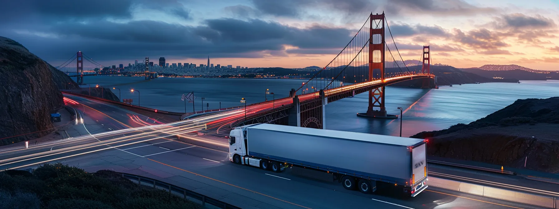 A Panoramic View Of A Moving Truck Driving Across The Iconic Golden Gate Bridge In San Francisco.