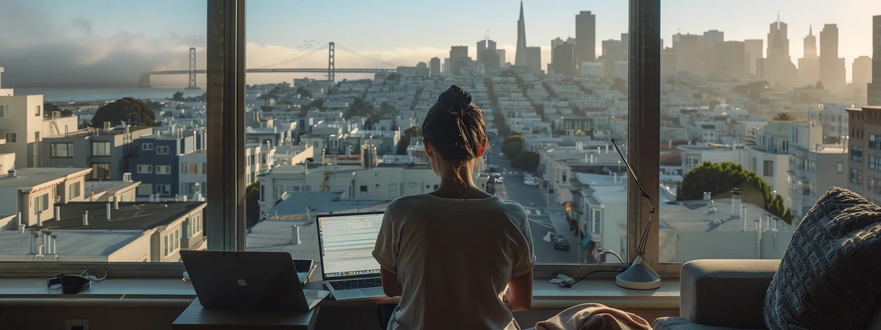 A Person Carefully Calculating Moving Permit Fees And Residential Service Charges With A View Of Downtown San Francisco In The Background.