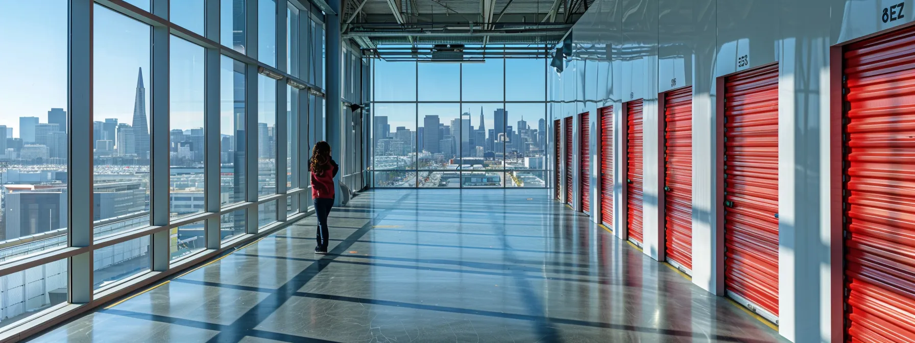 A Person Carefully Comparing Different Storage Unit Sizes In A Modern Facility With Large Windows Overlooking The Bustling Streets Of Downtown San Francisco.