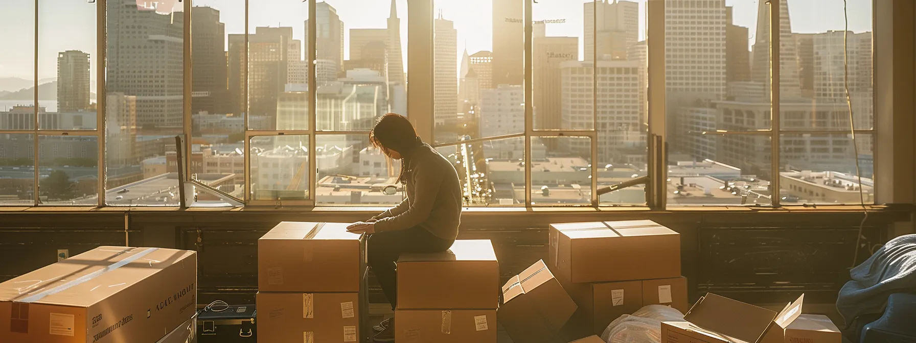 A Person Carefully Labeling Moving Boxes In A Sunlit Room Overlooking The Iconic Skyline Of Downtown San Francisco.