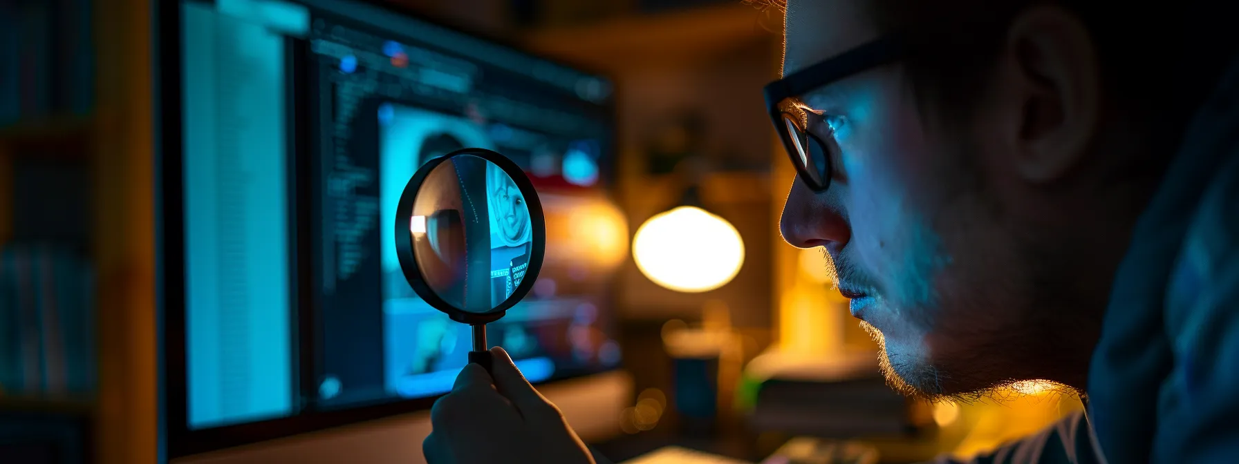 A Person Examining A Computer Screen With A Magnifying Glass, Analyzing Online Reviews With A Skeptical Expression.