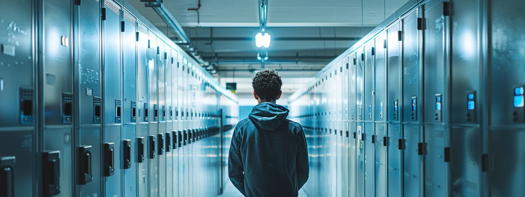 A Person Examining Rows Of Sturdy Lockers In A Modern Storage Facility, Illuminated By Bright Overhead Lighting, With Security Cameras Visible In The Background.