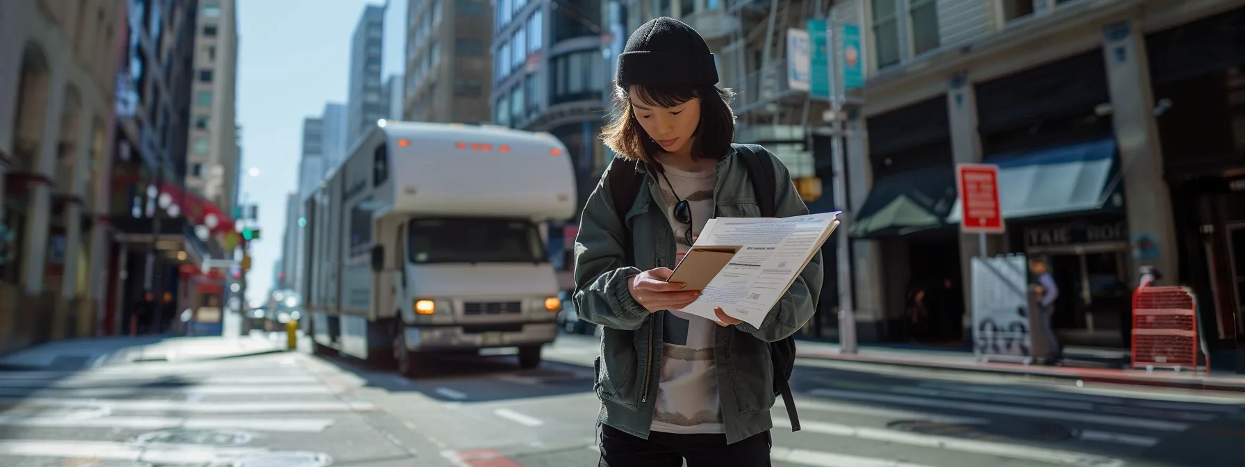 A Person In Downtown San Francisco Holding A List Of Questions For Movers, With A Moving Truck In The Background.