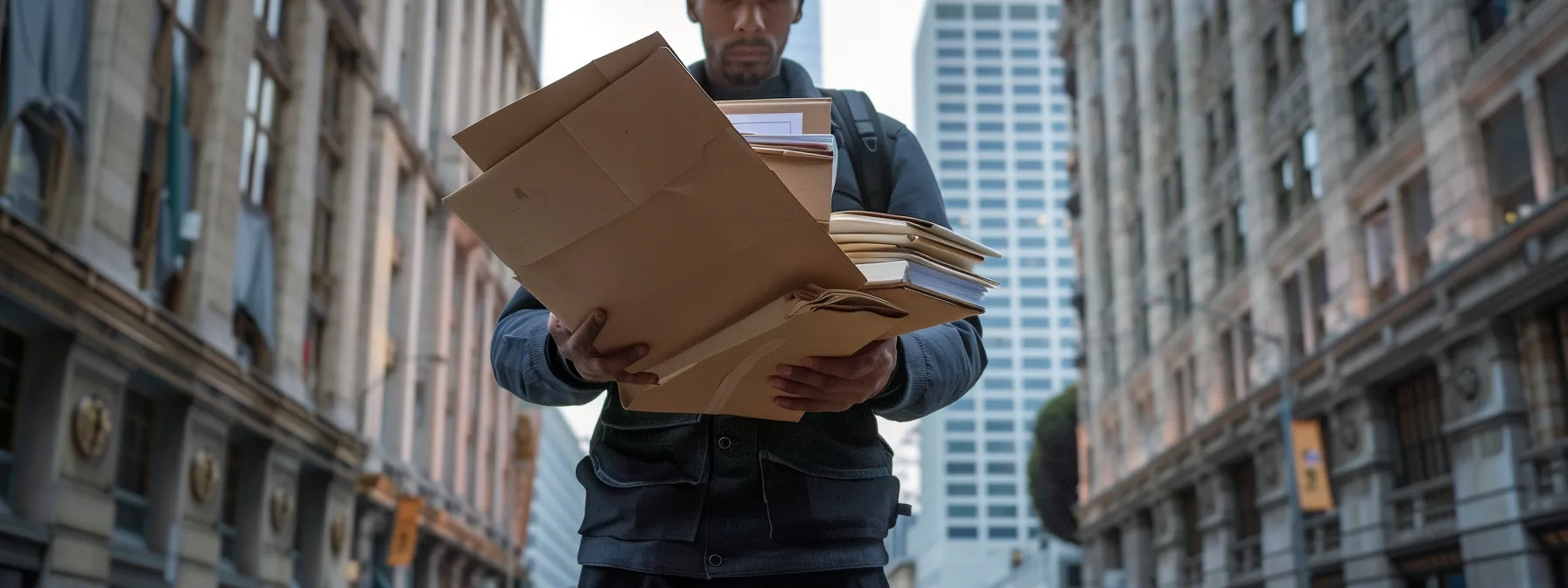 A Person In Front Of A City Hall Office Building, Holding A Stack Of Documents And Packing Supplies, While Filling Out A Moving Permit Application Form With The Downtown San Francisco Skyline In The Background.