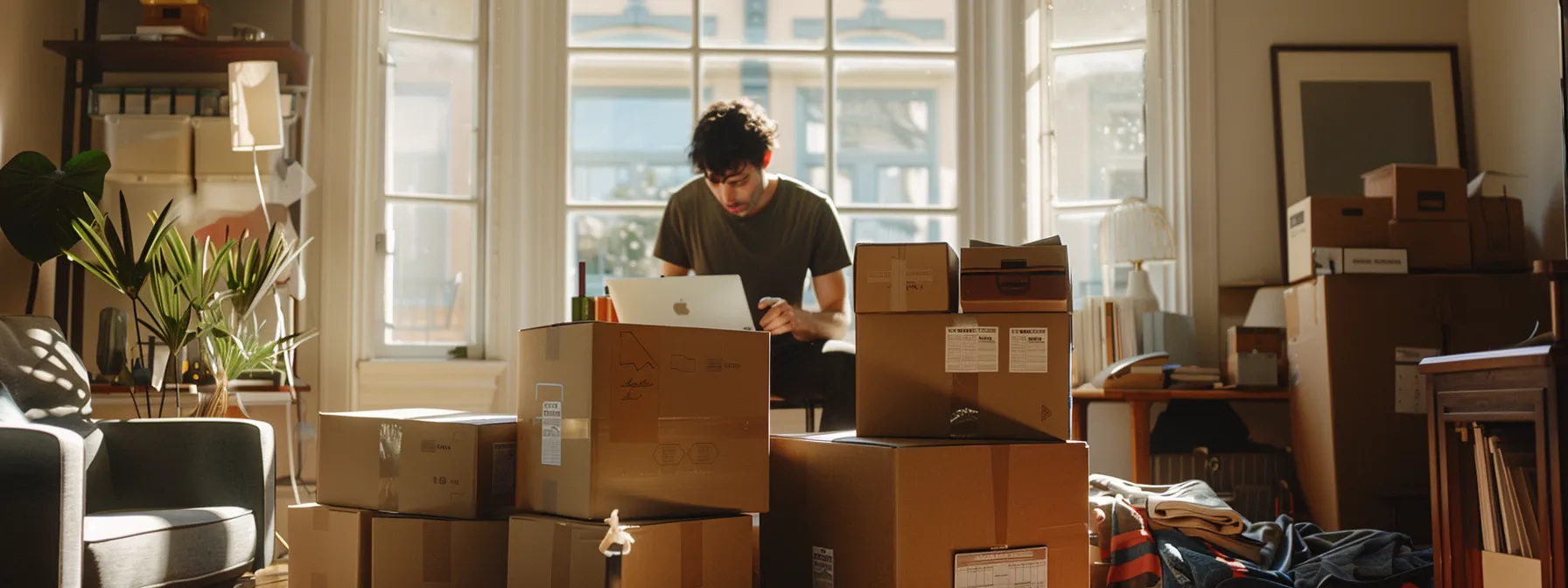 A Person Meticulously Checking Off Items On A Detailed Moving Checklist Surrounded By Moving Boxes And Packing Supplies In A Bright, Sunny Room In Downtown San Francisco.