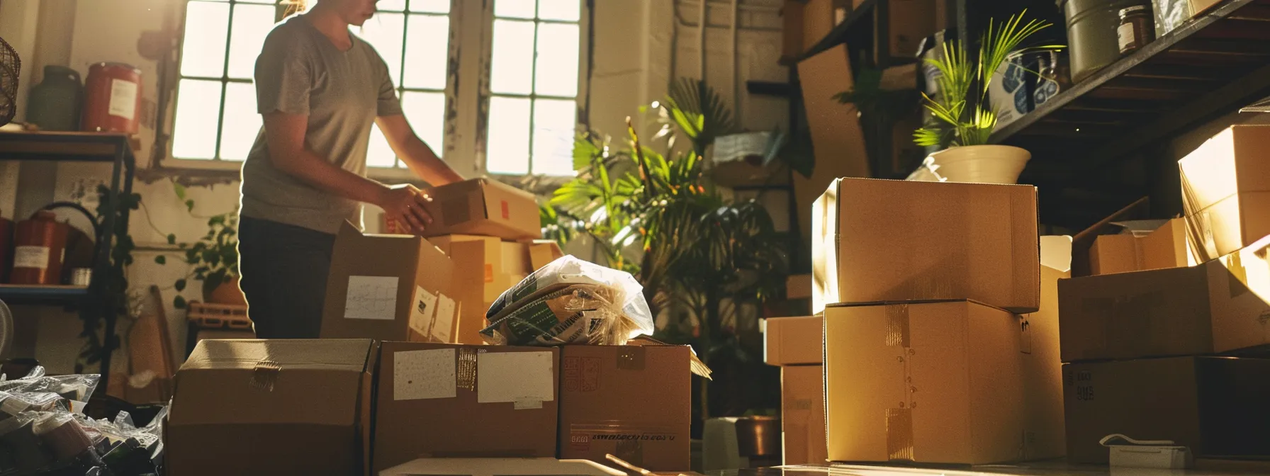 A Person Packing Reusable And Biodegradable Supplies, Surrounded By Boxes Labeled For Donation, In A Bright, Sunlit Room.