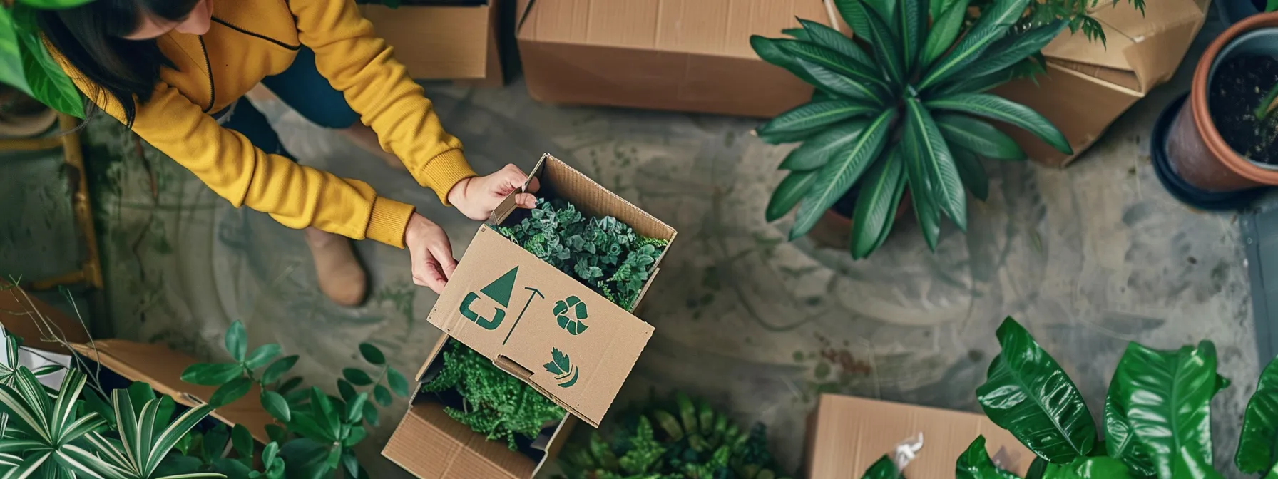 A Person Packing Reusable Boxes Labeled With Eco-Friendly Symbols And Surrounded By Plants, Showcasing Sustainable Moving Choices In Action.