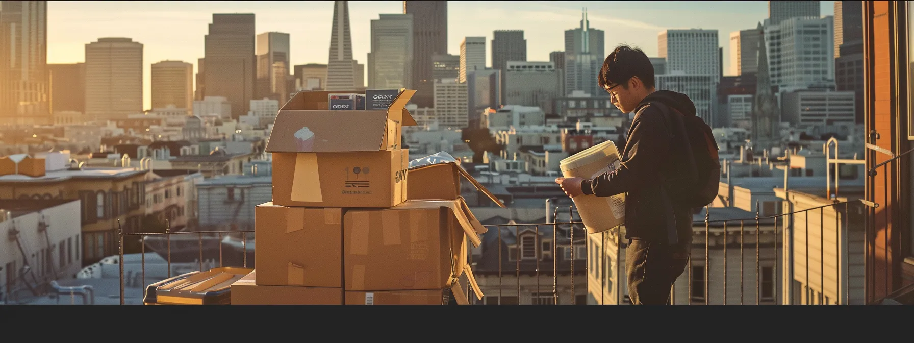 A Person Packing Reusable Containers And Biodegradable Materials Against The Backdrop Of San Francisco's Downtown Skyline, Showcasing A Sustainable Approach To Moving.