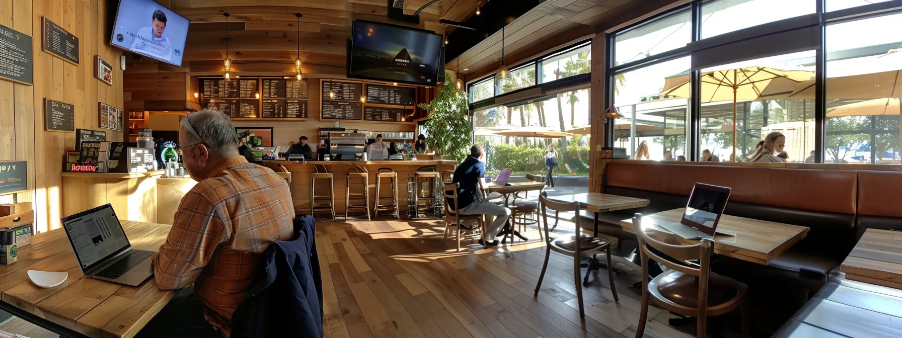 A Person Reading Glowing Reviews And Recommendations About Office Movers In Orange County On A Laptop In A Cozy Irvine Cafe.