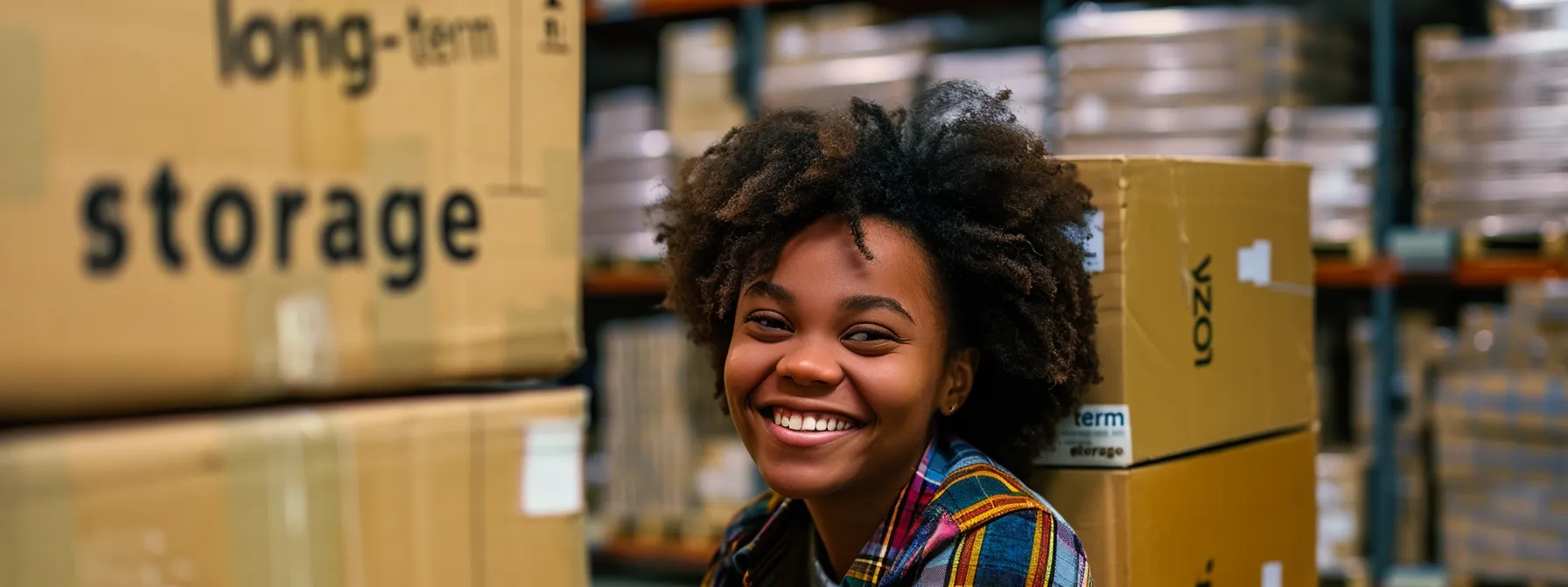 A Person Smiling While Negotiating A Lower Storage Rate, Surrounded By Boxes Labeled 