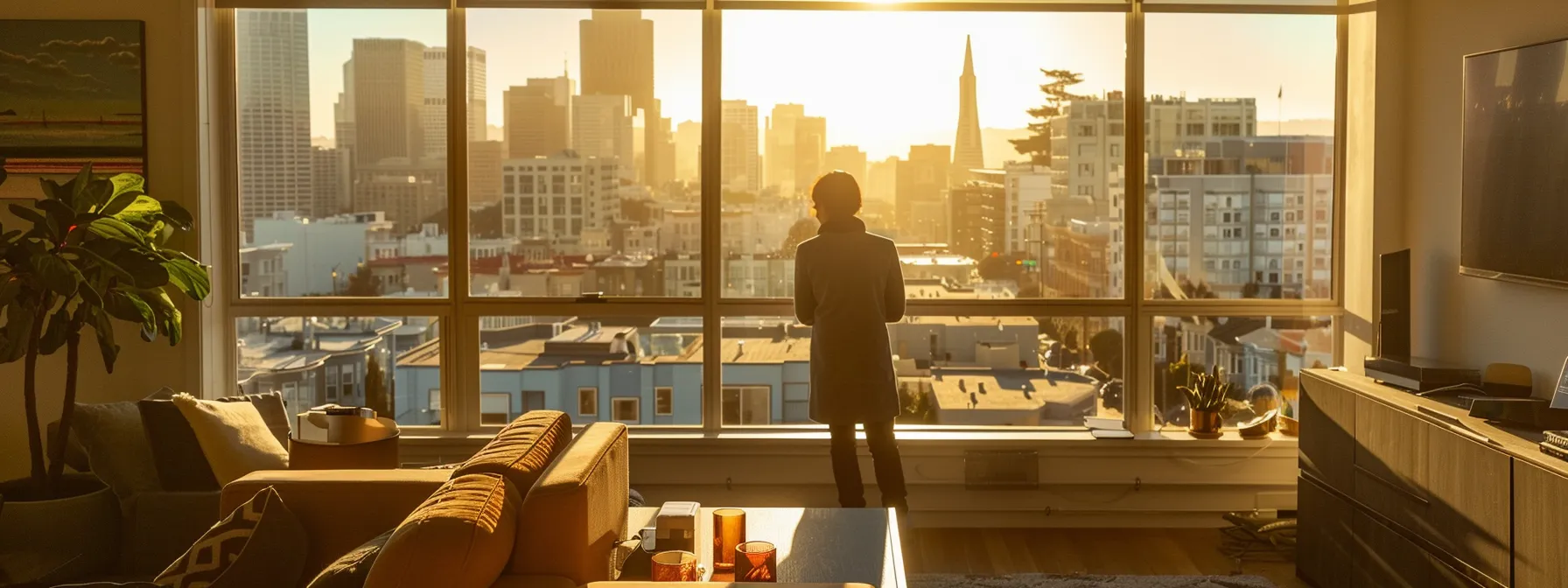 A Person Standing In A Sunlit Living Room Of A New Home In San Francisco, Gently Arranging Essentials On A Sleek, Modern Table, Overlooking The Vibrant Cityscape Through A Large Window.