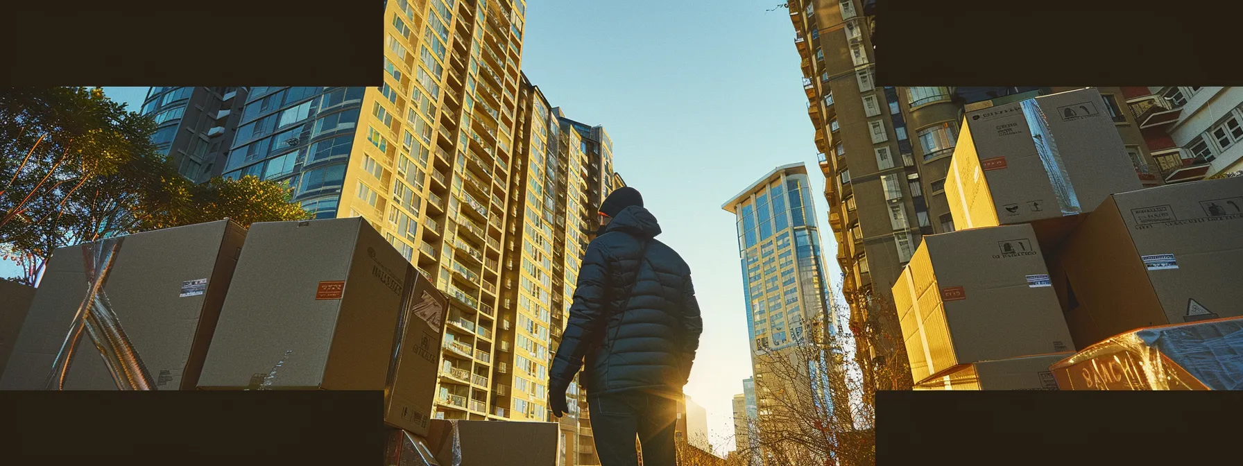 A Person Standing In Front Of A High-Rise Apartment Building In Downtown San Francisco, Surrounded By Moving Boxes And A Checklist In Hand, Preparing For A Smooth And Organized Relocation.