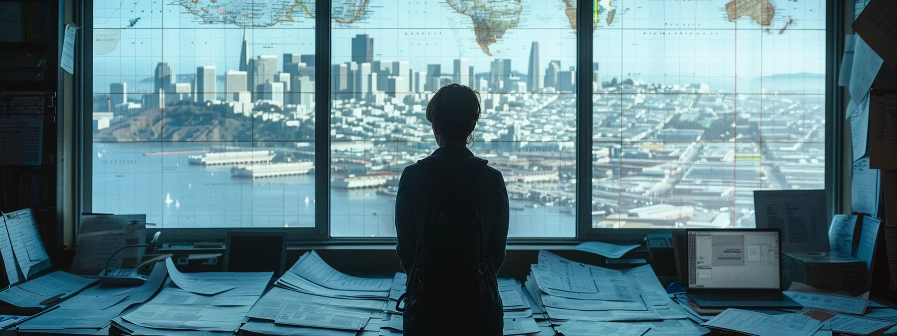 A Person Standing In Front Of A Map Of Interstate Highways, Surrounded By Legal Documents And Insurance Paperwork, With A Backdrop Of San Francisco's Skyline Visible Through A Window.