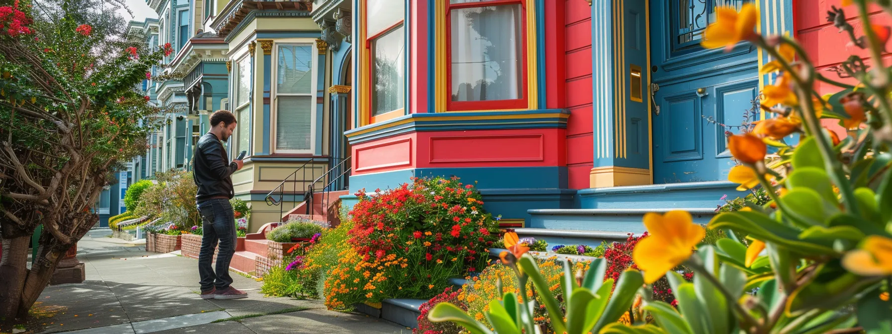 A Person Standing Outside A Colorful Victorian House In San Francisco, Updating Their Address On A Mobile Phone With Downtown San Francisco Visible In The Background.