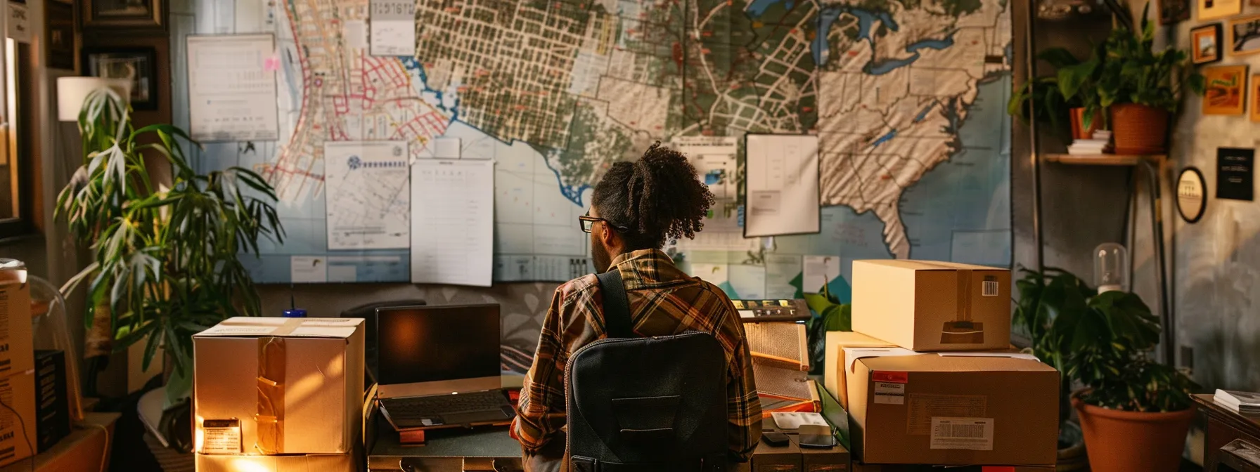 A Person Surrounded By Moving Boxes And A Detailed Timeline Pinned On The Wall, Overlooking A Map Of San Francisco Neighborhoods, Capturing The Early Planning Stage Of A Stress-Free Relocation While Situated In Downtown San Francisco.