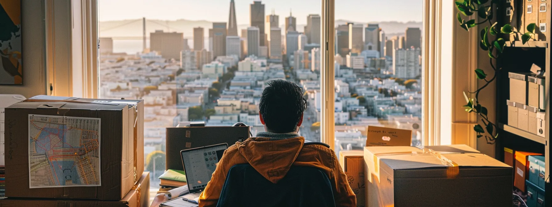 A Person Surrounded By Moving Boxes, A Map Of San Francisco, And A Calendar, Carefully Planning Their Move To The City While Looking Out At The Iconic Skyline.