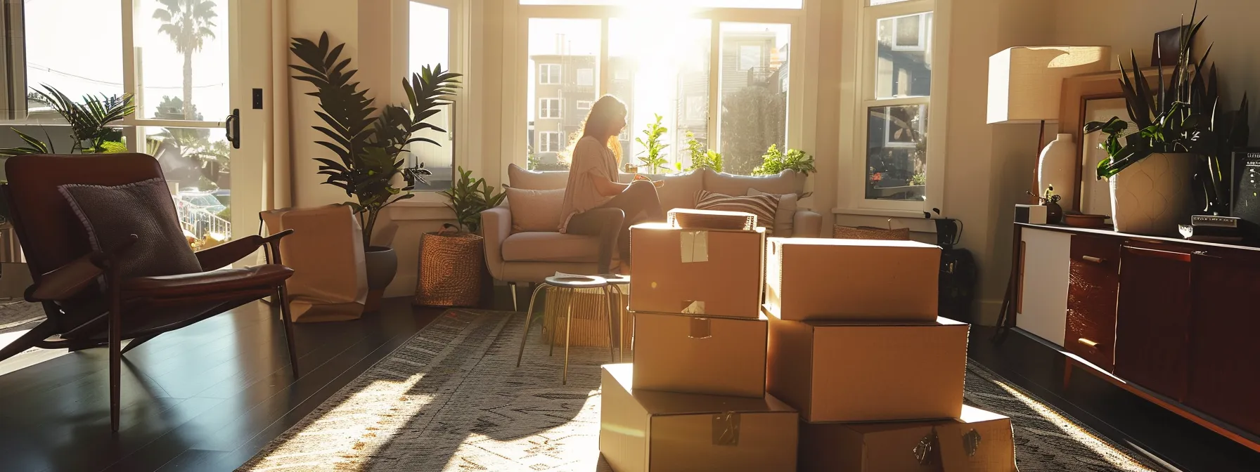 A Person Unpacking Moving Boxes In A Sunlit Living Room, Surrounded By Neatly Organized Furniture And Decor, Signifying A Smooth Transition To A New Home In Downtown San Francisco.