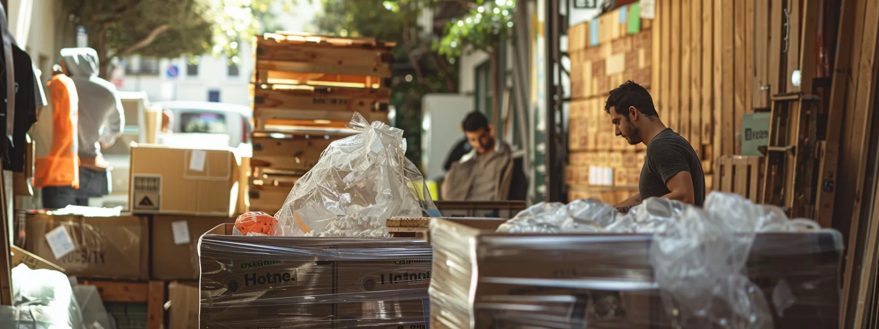 A Photo Of A San Francisco Mover Packing In Eco-Friendly Crates And Bubble Wrap, Surrounded By Recycled Materials, Showcasing Support For Local Eco-Initiatives.